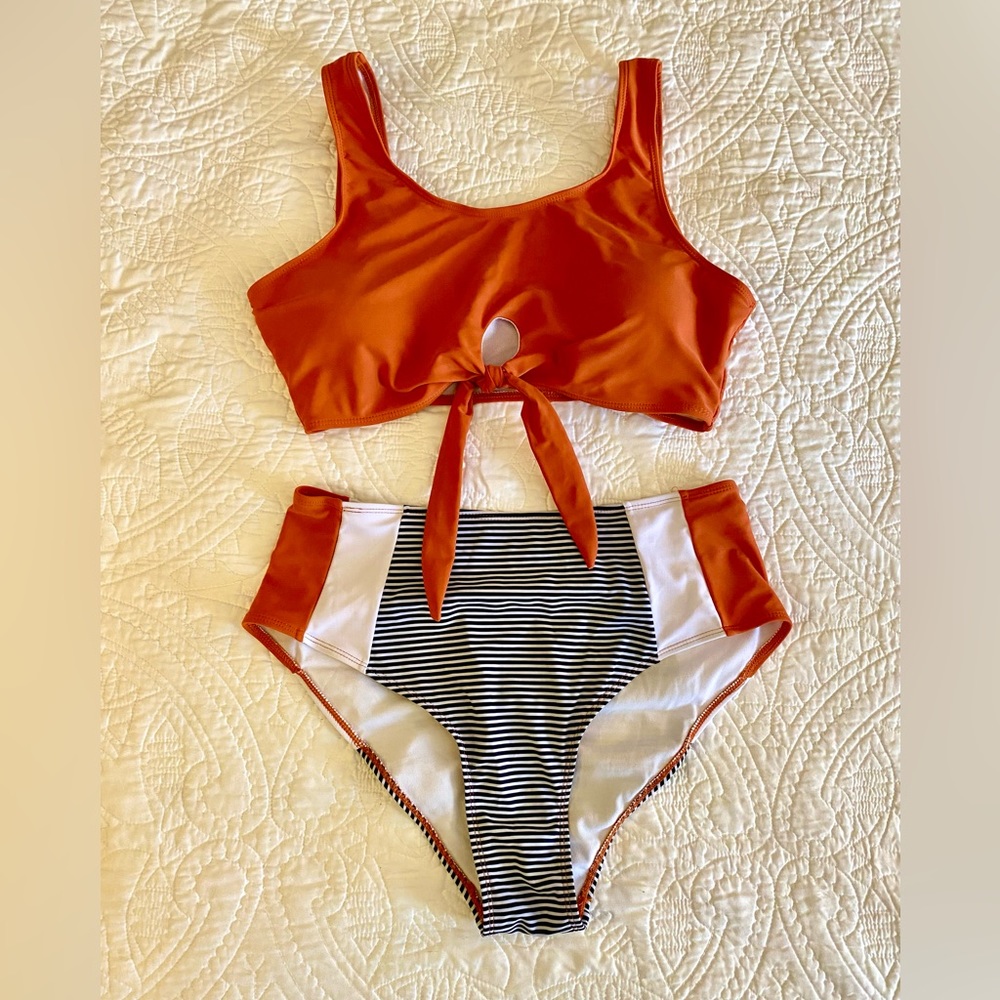Shein Plus Striped Knot Hem High Waisted Bikini